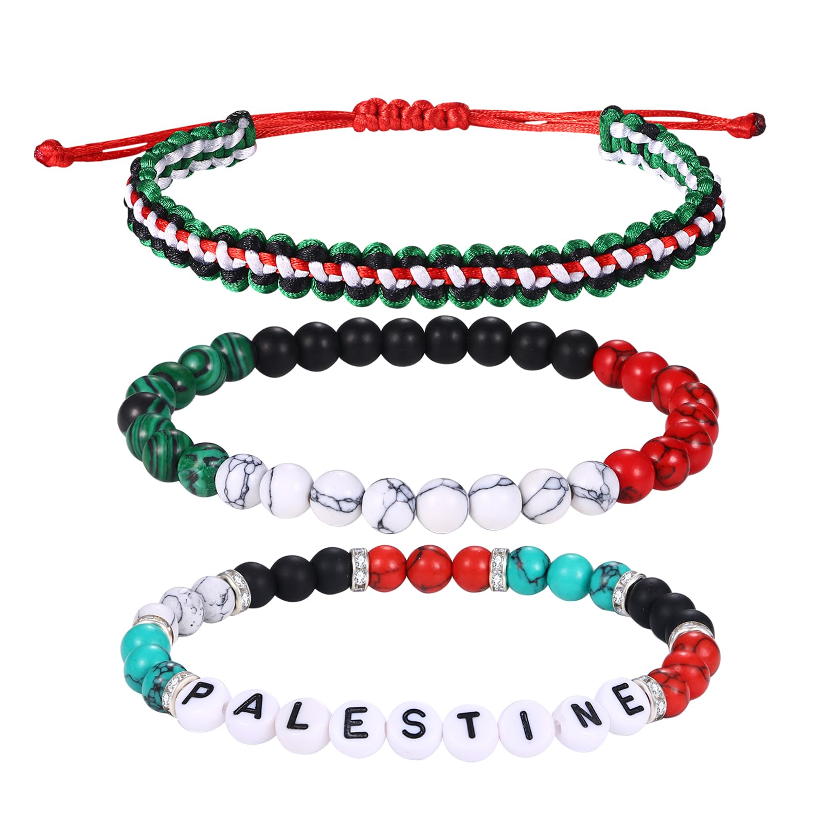 JewelryWe Palästina Armband Palästinensische Flagge Silikon Perlen Armbänder mit Buchstaben Palestine Verstellbar Palästina-Souvenir-Armband rot grün schwarz weiß