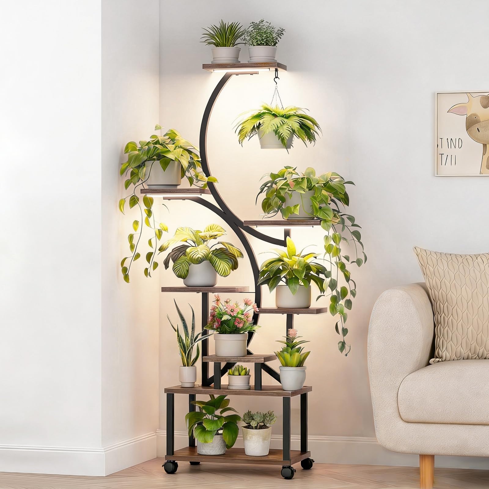 Pflanzenständer mit Wachstumslicht und 4 Rollen, 8 Etagen 159cm Höhe Pflanzenregal Indoor, Blumenständer , Metall-Holz Pflanzenregal für Innen & Außen - Mobiles Blumenregal für Balkon, Büro,Wohnzimmer