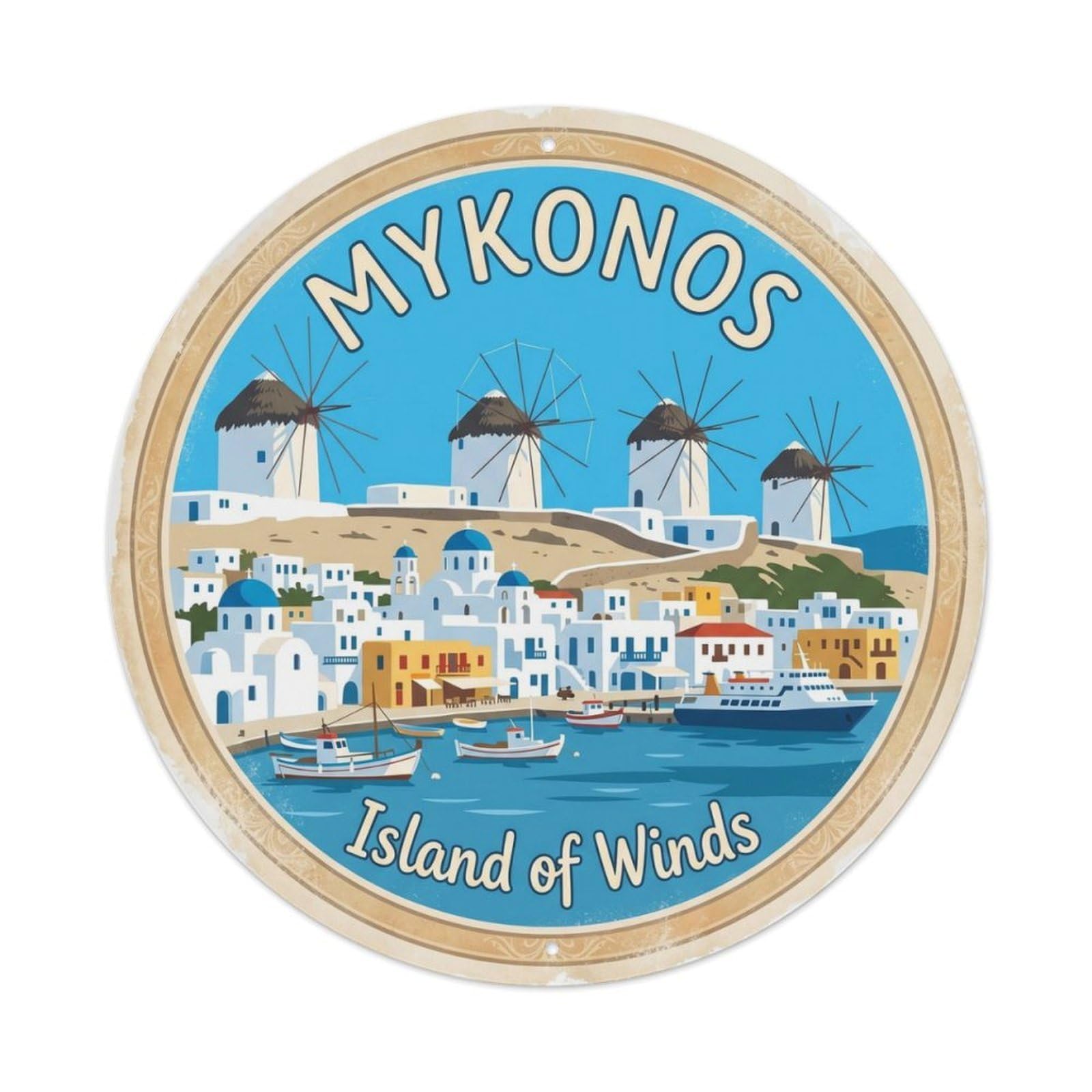 Vintage Travel Windmills Mykonos Greece Metal Tin Sign Plaque Wall Decor for Cafe, Club, Garden Round Metal Poster 8x8Inch