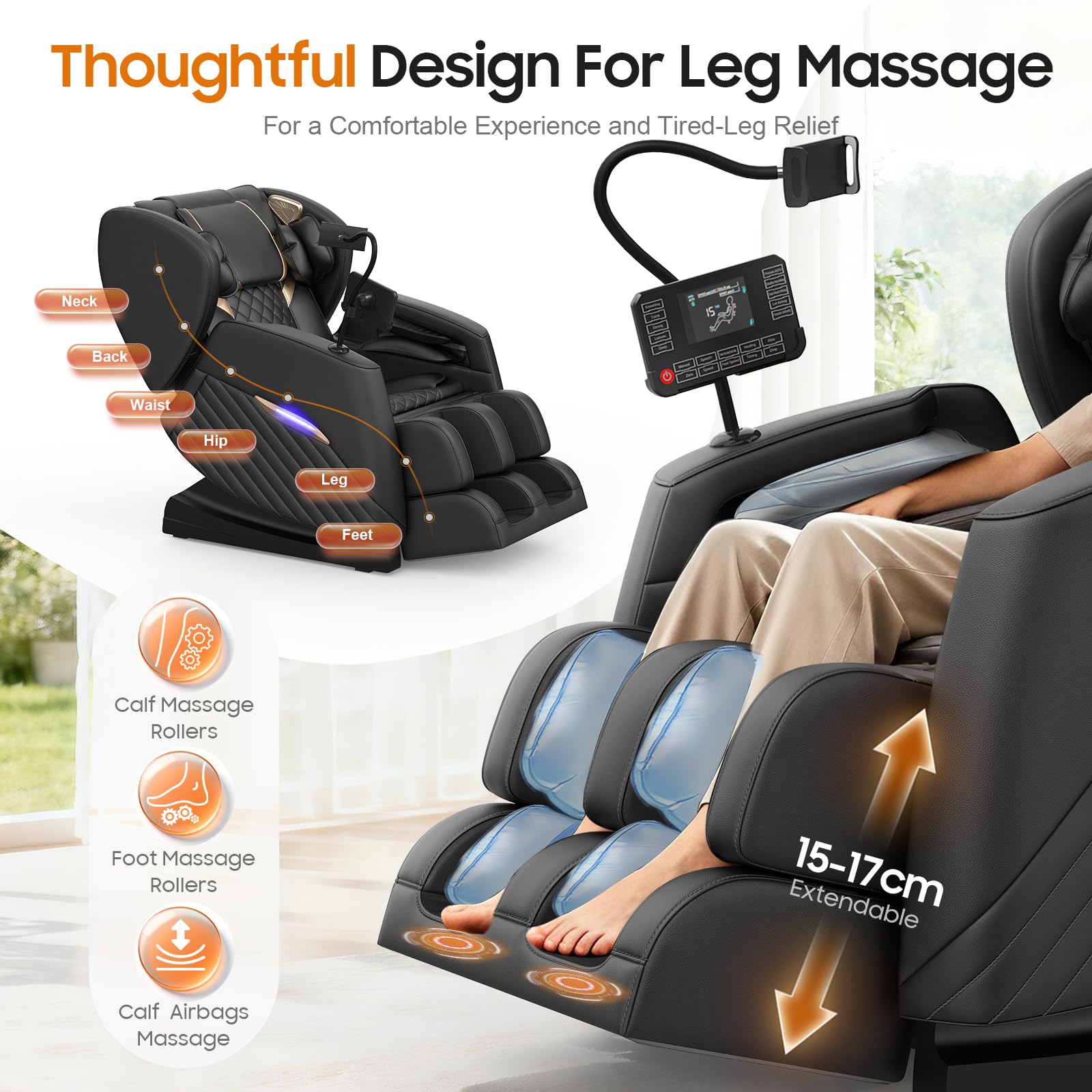 Fauteuil de massage, 16 rouleaux de massage, 8 airbags, chauffage lombaire, massage avec rouleaux et airbags sur les mollets, haut-parleur Bluetooth, télécommande avec écran tactile