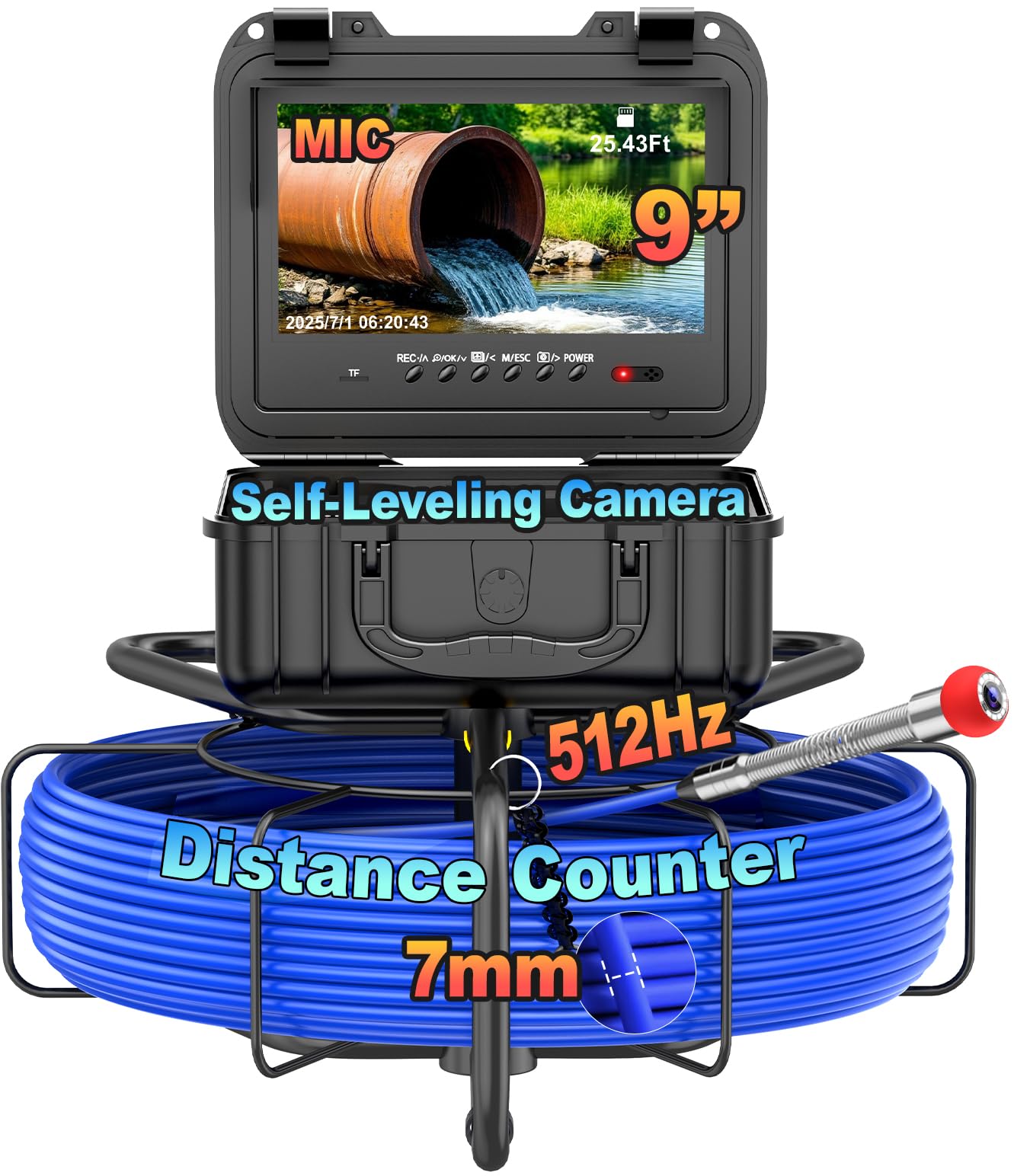 Anysun Sewer Camera Self-Leveling, 512Hz Transmitter, Distance Counter, 7MM Diameter Cable, Microphone/DVR, 200FT/60M Pipe Inspection Camera, 9'' HD