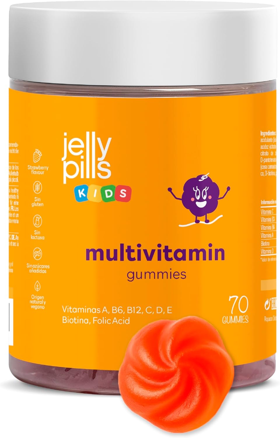 Jelly Pills Multivitamin and Mineral Gummies for Kids – 70 Vegan Gummies – No Added Sugars – Strawberry Flavor – A, B, C, D, E, Zinc, Biotin & Folic Acid