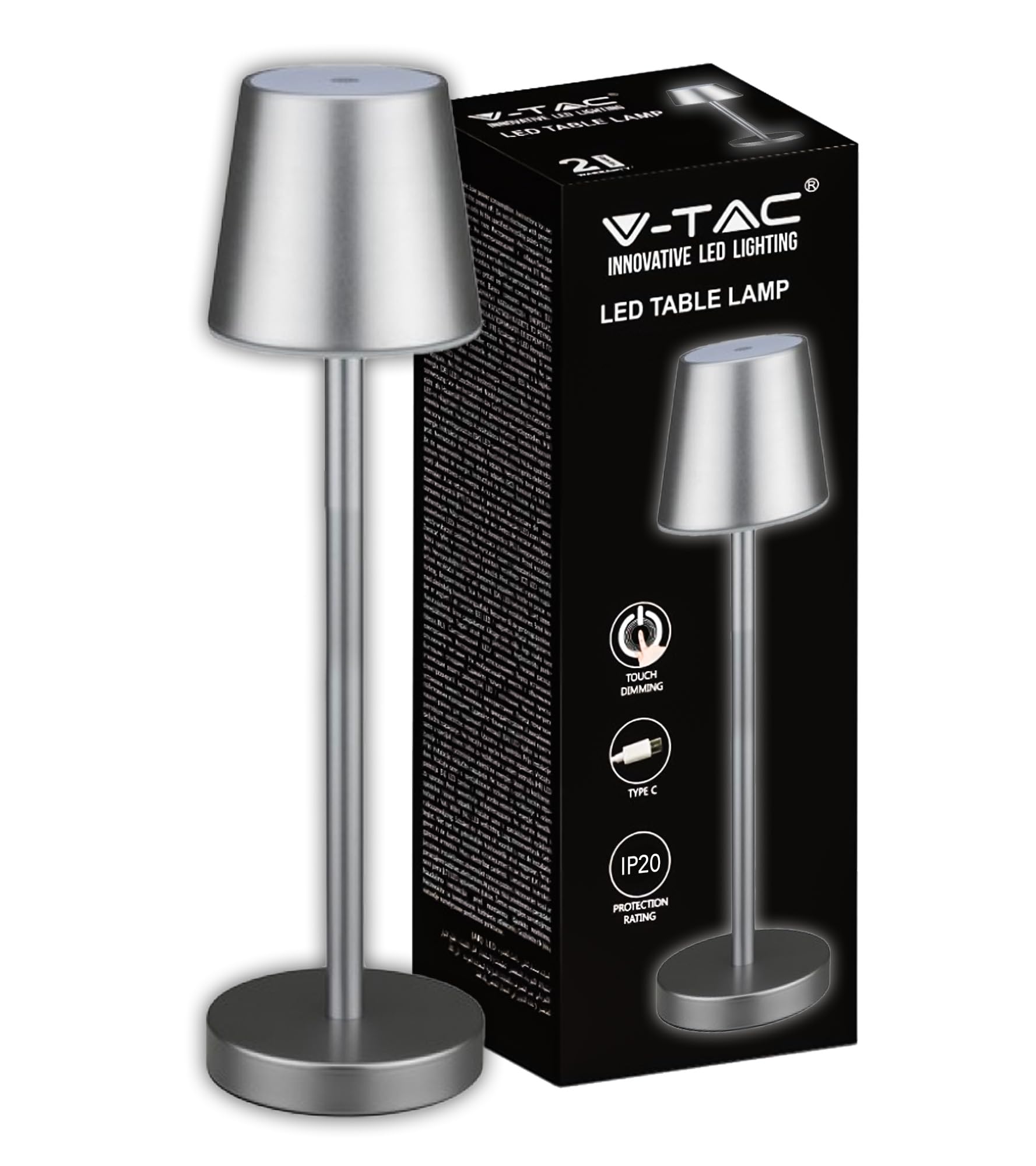 V-Tac Lampada Led Da Tavolo 3w Ricaricabile A Batteria Colore Grigio Usb C Touch Dimmerabile 4000k Luce Tavolo Ristorante Da Interno Ip20 - 10188