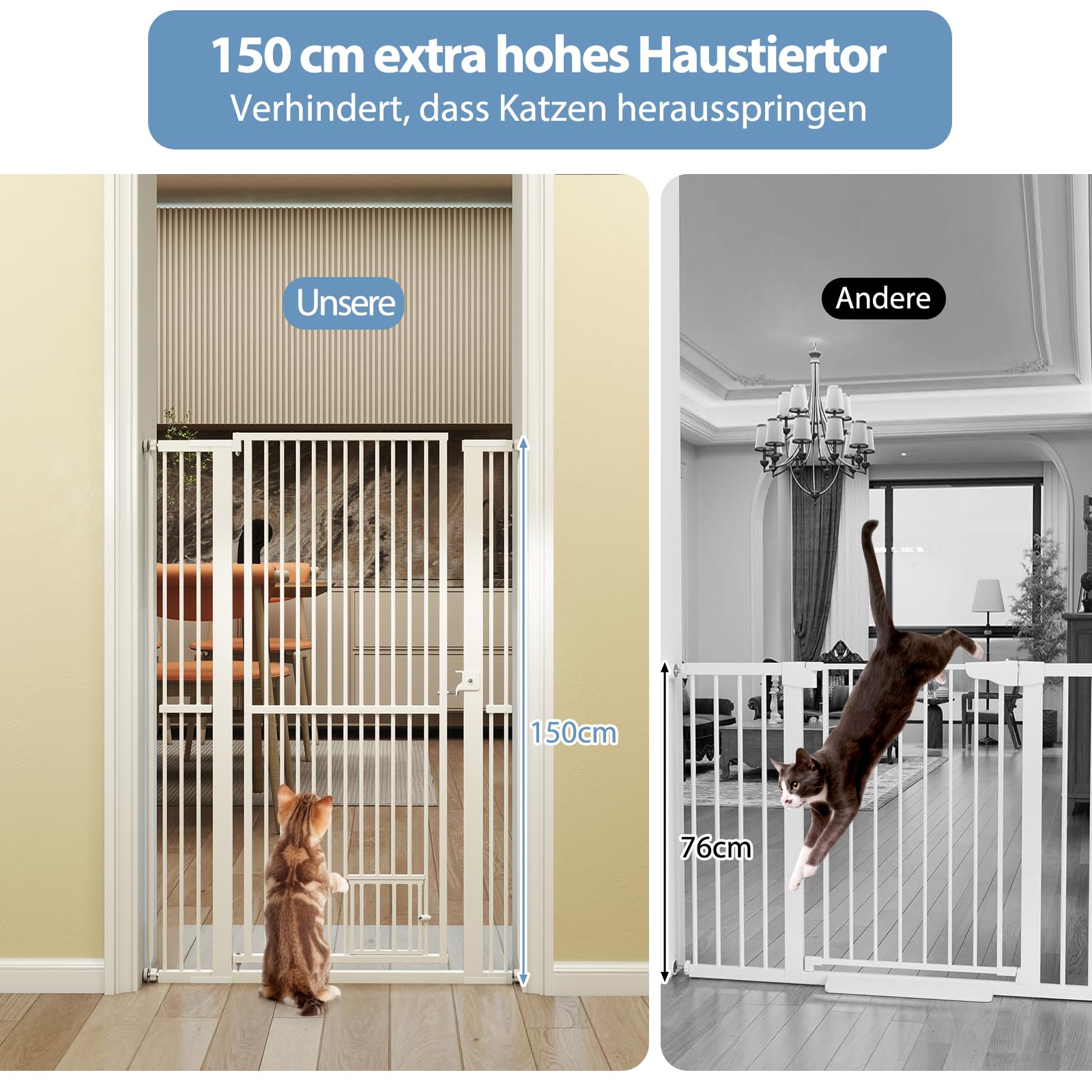 COSTWAY Türschutzgitter Hunde, Absperrgitter ganz hoch, 77-104 cm x 150 cm, Schutzgitter mit Kleiner Tür, 2 Erweiterungen, Türgitter ohne Bohren, Hundegitter ausziehbar, Sicherheitsgitter Metall, Weiß