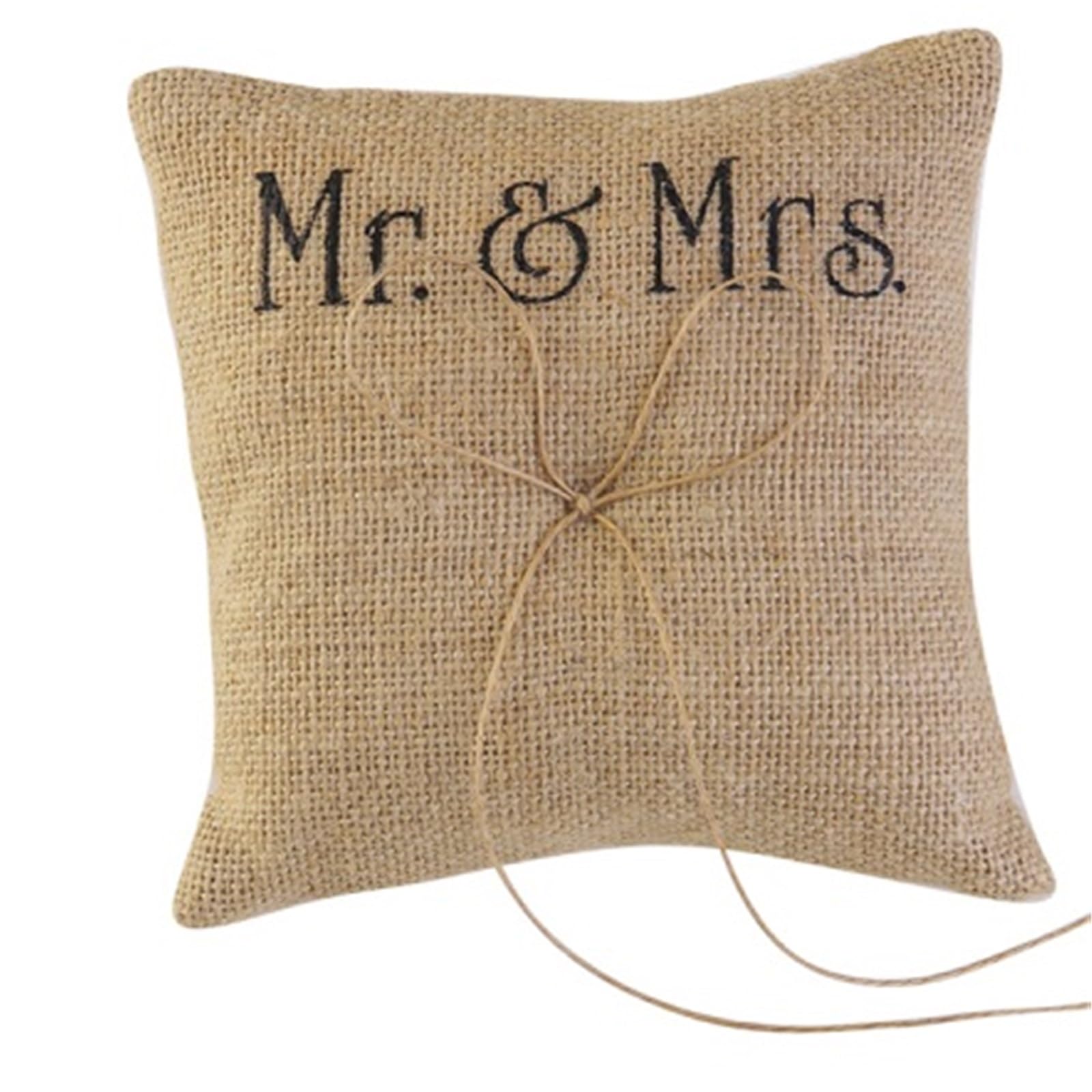 CGRSDSD Ring Bearer Pillow Mr & Mrs Burlap Jute Bow Twine Wedding Ring Pillow Double Heart Ring Pillow Ring Bearer Pillow