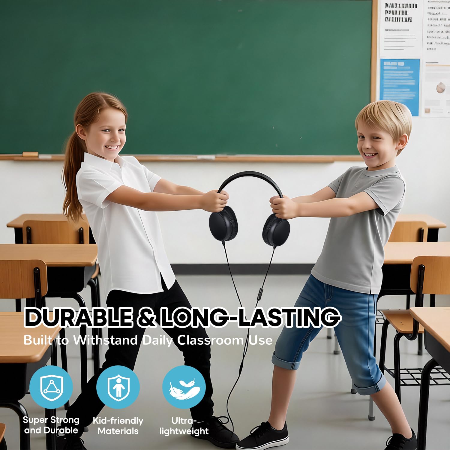 Paquete de 10 auriculares a granel con micrófono para niños en el aula escolar, auriculares supraaurales duraderos con cable para estudiantes y adolescentes, conector de 3.5 mm para laptop