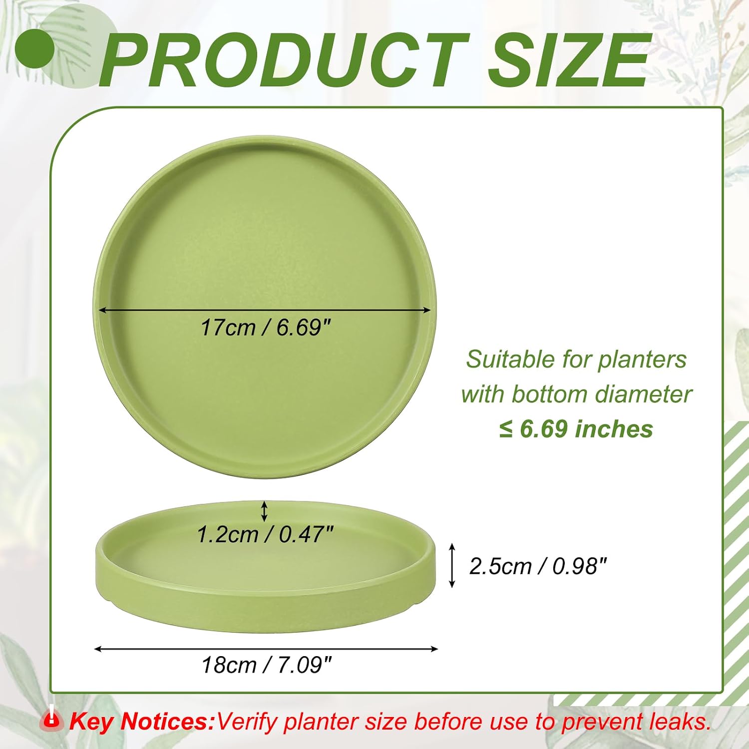 6.7 Inch Ceramic Plant Saucers, Round Flower Planter Water Trays Ceramic Plant Saucer Pot Tray -Fitting for (Outdoor/Indoors/Garden/Planting/Water/Flower/Coffee) Green