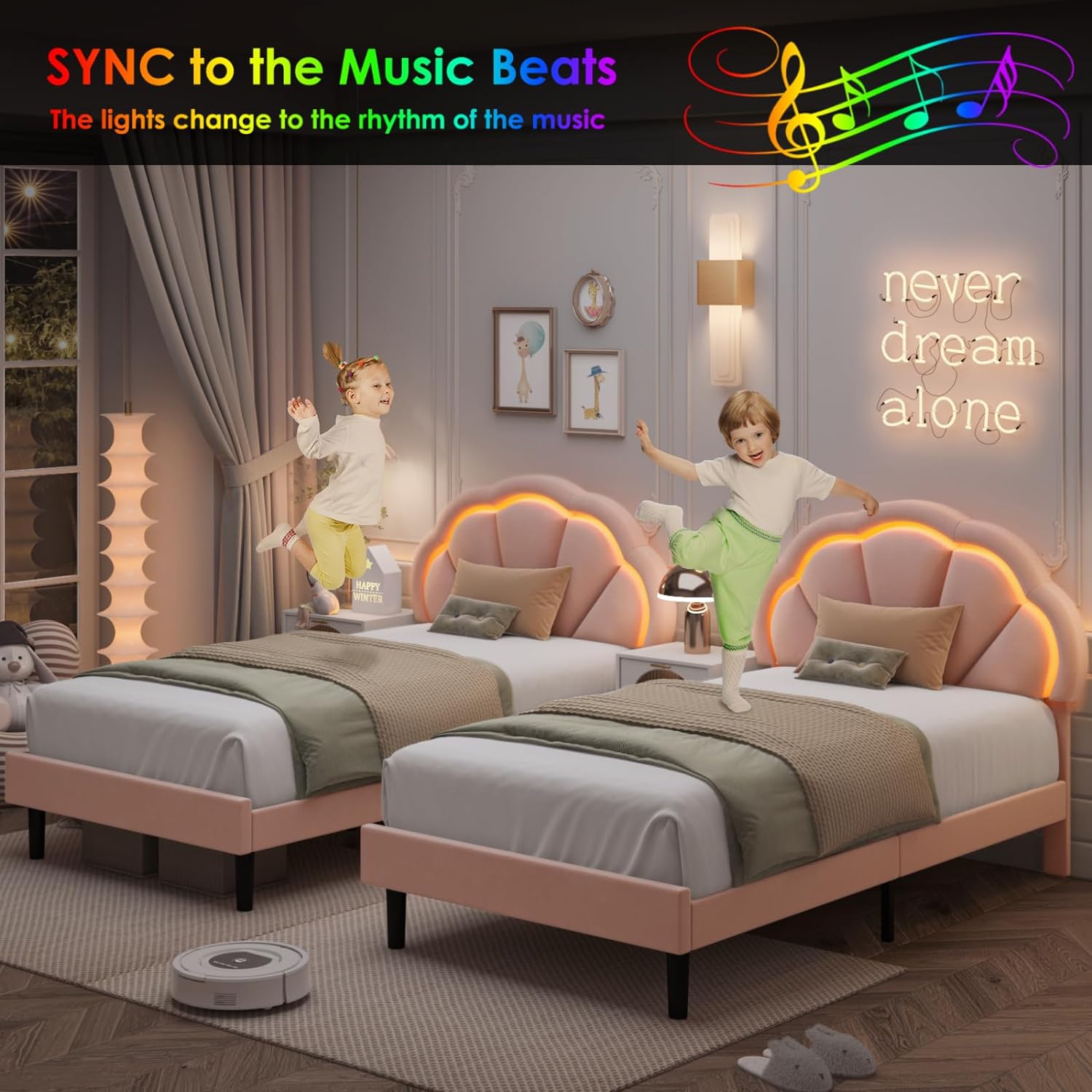 HIFIT Twin Upholstered Smart LED Bed Frame with Adjustable Chic Petal Headboard, Princess Twin Size Platform Bed Frames for Kids/Girls, Wooden Slat Support, No Box Spring Needed, Easy Assembly, Pink - Image 5