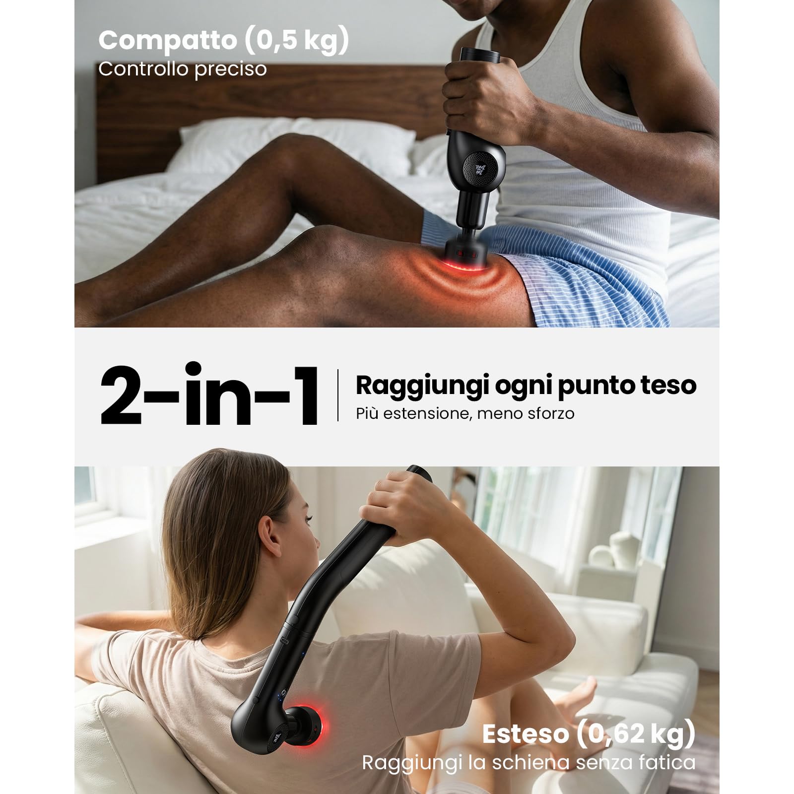 BOB AND BRAD Pistola Massaggio Muscolare con Calore e Terapia a Luce Rossa, Massaggiatore a Percussione per Spalle e Gambe, 2 in 1 con Manico Ergonomico e 5 Velocità Regolabili