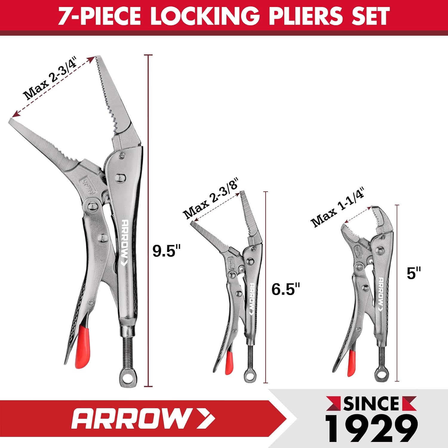 ARROW 7-piece Locking Pliers Set with Rolling Pouch, Chromium-Molybdenum Vice Grips, 5"/7" Curved Jaw, 6.5"/9" Long Nose, 7"/10" Straight Jaw, 10" V-Jaw Vise Grip Pliers