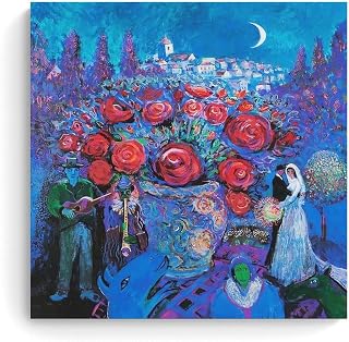 Marc Chagall's Surrealist Masterpiece Wedding Scene with Flowers And Night Village Wall Decor Poster Prints Home Decor Wall Art Hanging Picture Print Bedroom Decorative Paintings Room Unframe 12x12inc
