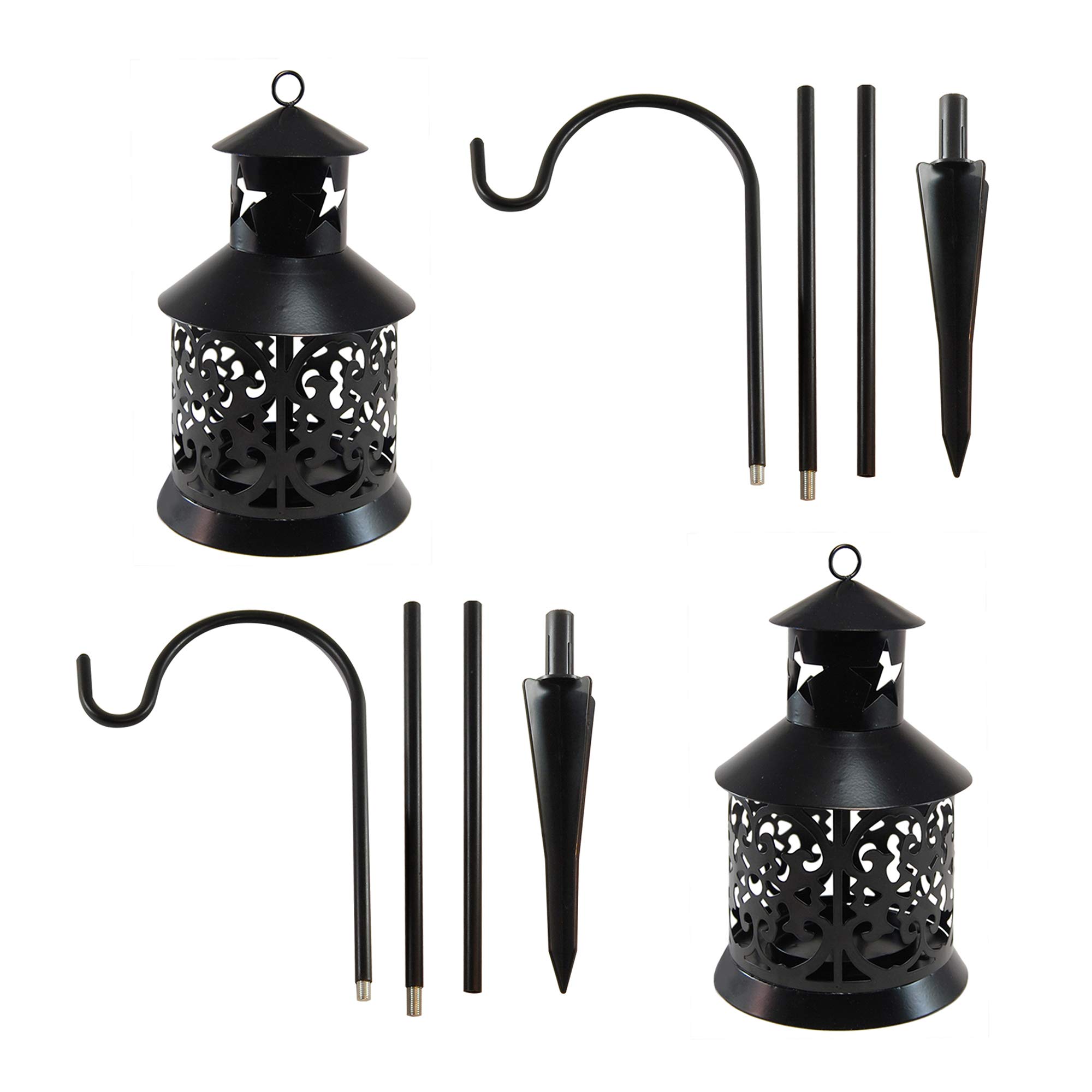 LumaBase Metal Lantern with Shepherd's Hook - Set of 2