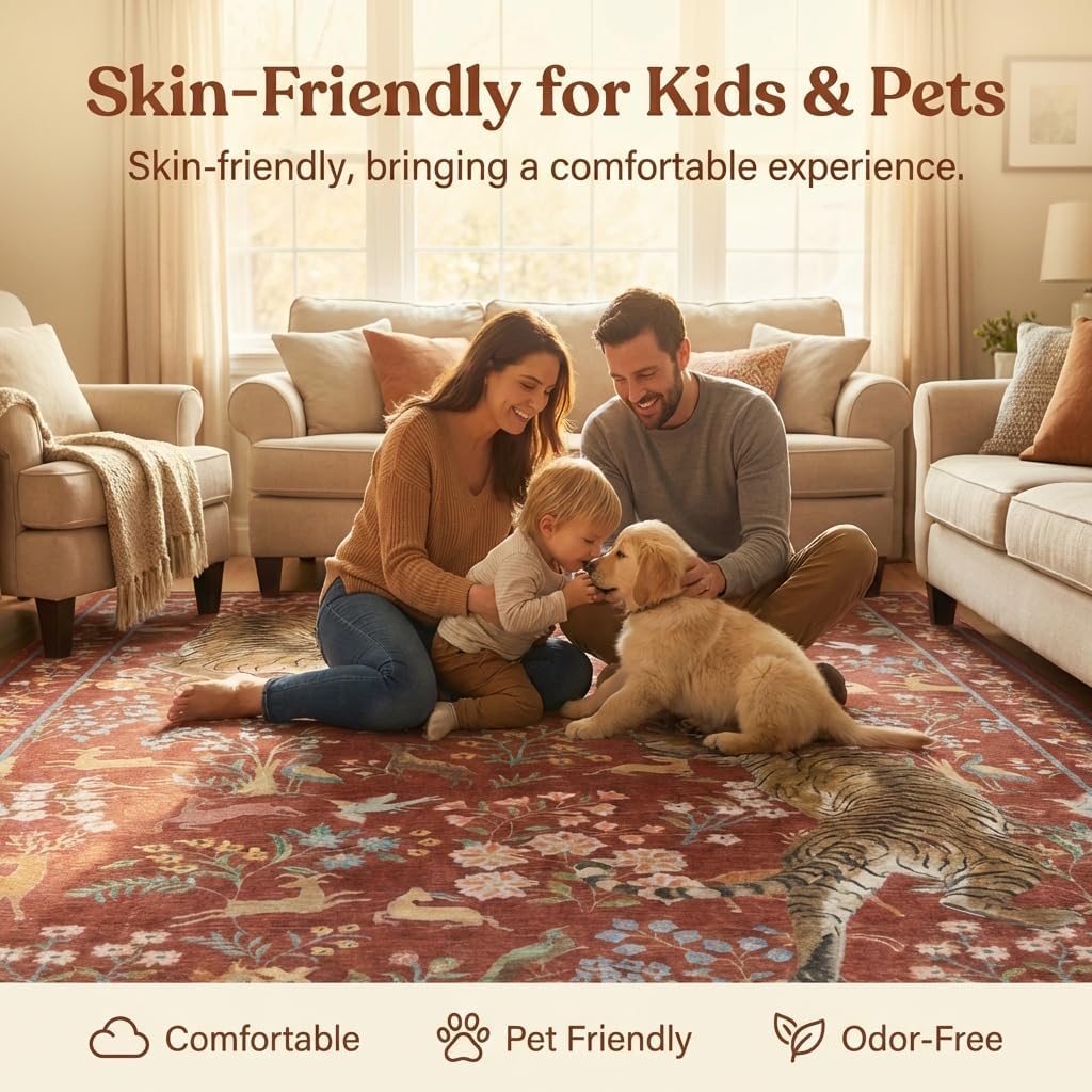 8x10 Vintage Exotic Tiger Area Rugs,Terracotta Red with Floral & Animal Motifs, Soft Faux Cashmere Short Pile, Non-Slip Machine Washable Foldable Rug for Living Room, Bedroom, Dining Room