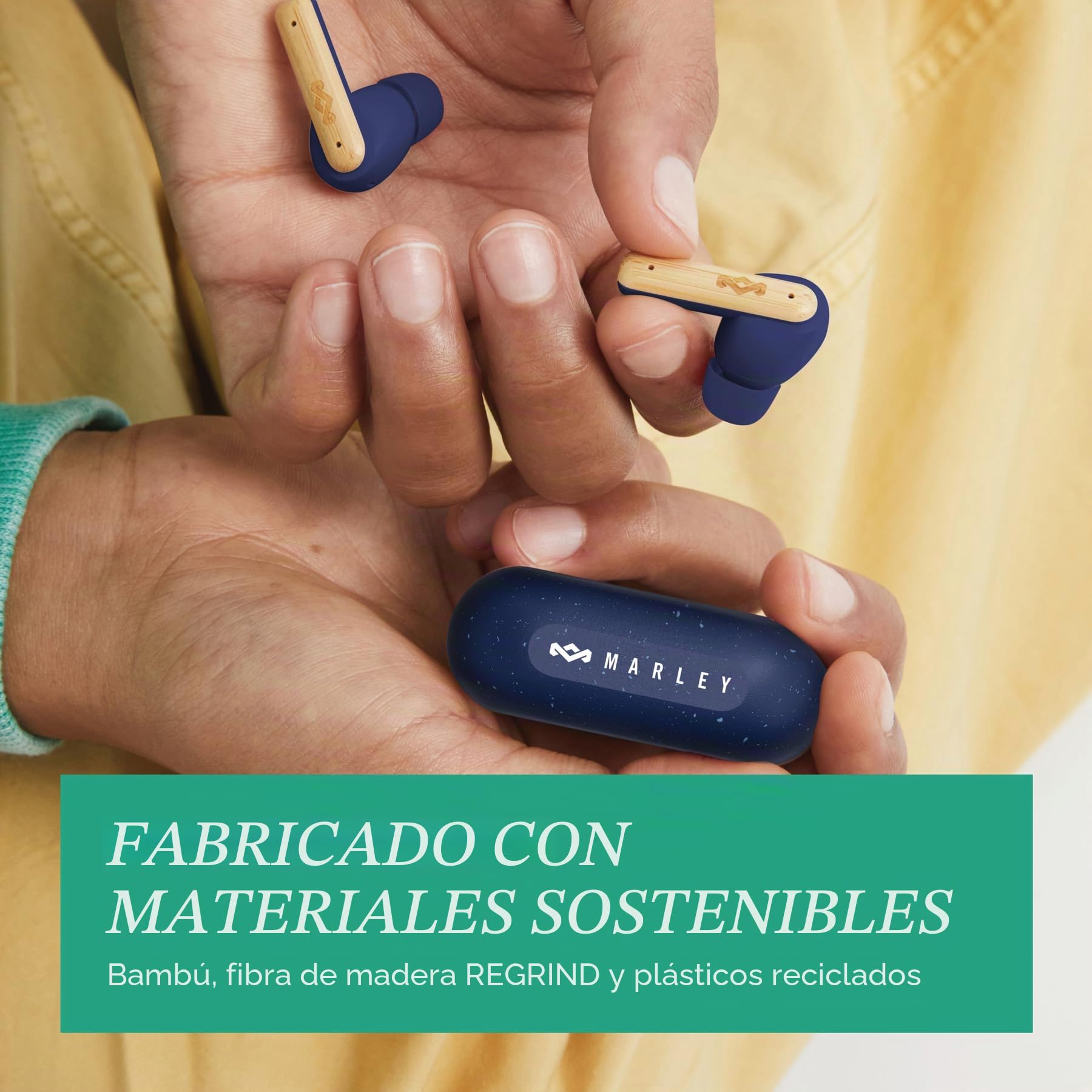 Marley House of Little Bird True Wireless Bluetooth Earbuds - IPX4, Azul | Auriculares Inalámbricos, Micrófono Integrado, 24 Horas de Reproducción, Carga Rápida por USB-C, Sostenibles