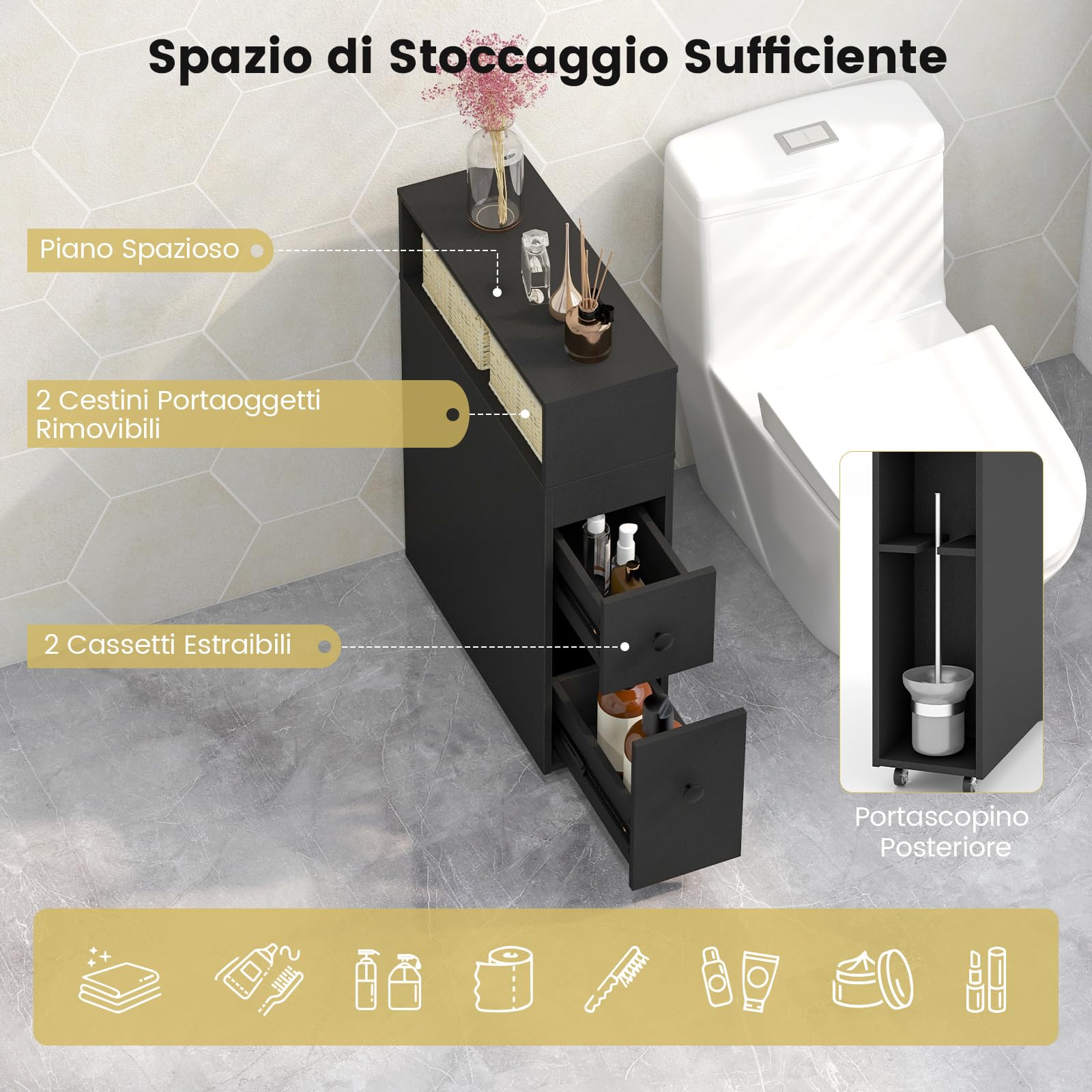 COSTWAY Mobile Bagno 50 x 19 x 72 cm, Arredo Salvaspazio con 2 Cassetti, 2 Cesti in Rattan, Ruote e Ripiani, Armadietto Stretto per Spazi Ridotti, Salotto e Cucina (Nero)