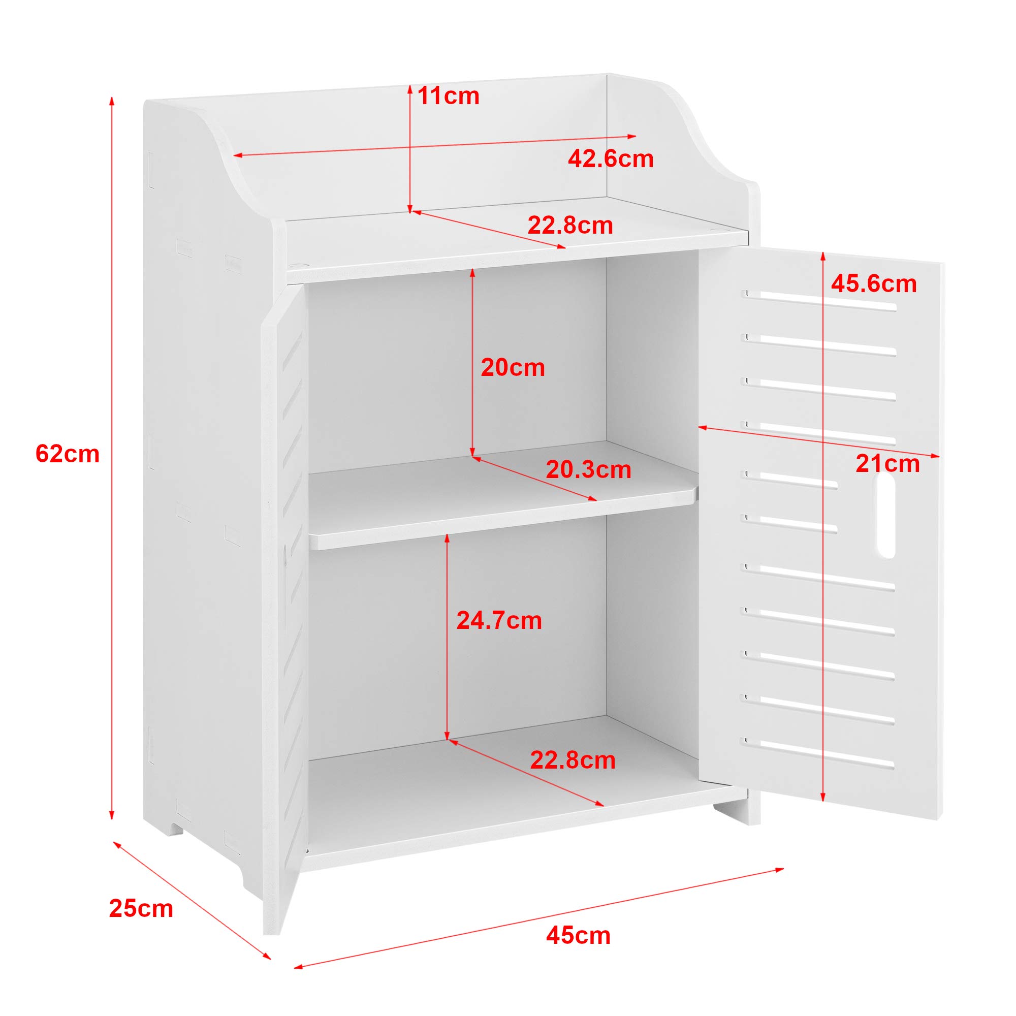 [en.casa] Mueble para Baño 62 x 45 x 25 cm Mueble Auxiliar para Baño con 2 Puertas y con Estante WPC Blanco