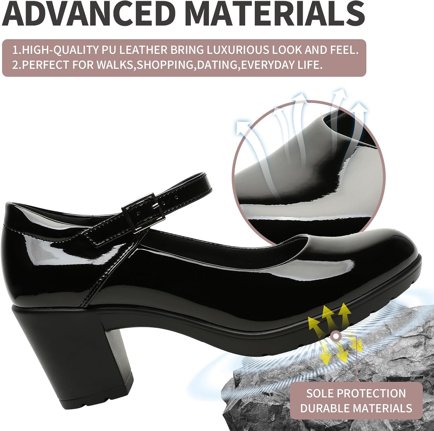 Womens Mary Jane Dress Shoes Chunky Low Block Heels 7CM Closed Toe Work Platform Pumps Dressy Orthopedic for Business Flight Wedding Office Ankle Strap Leather Casual Comfort with Arch Support - Image 3