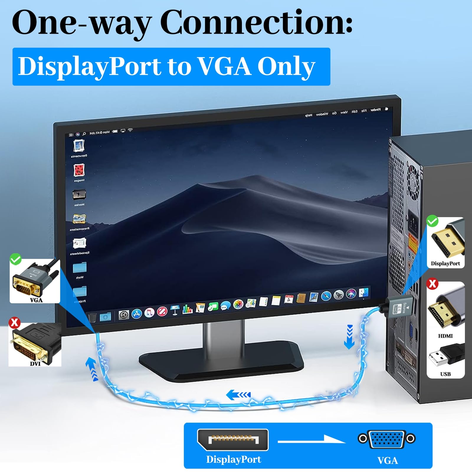 Cavo DisplayPort a VGA da 1M, Adattatore da DP a VGA per computer, laptop, monitor, PC, TV, proiettore
