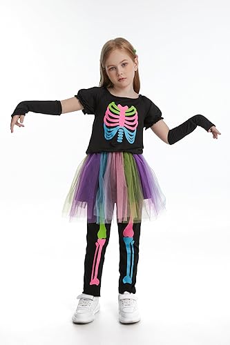 Miniatura 4 de LMYOVE Disfraz de esqueleto para niñas que brilla en la oscuridad, huesos punk, vestido tutú de Halloween para niños, juego de disfraces de lujo