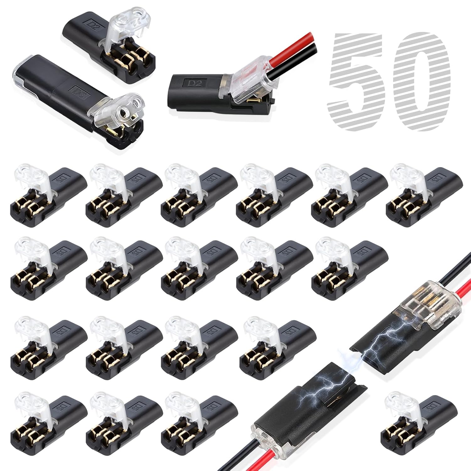50Pcs Double Wire Plug in Connector, LED Light Strip Low Voltage Connectors 2 Pin with Locking Buckle - Quick Connect, No Wire Stripping Cutting