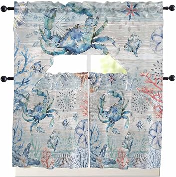 Ocean Blue Coral Crab Kitchen Curtains Swag Valance and Tier Curtains Set 24 Inch Length, Rod Pocket Drape Panels Pair Swag Curtains for Bathroom/Cafe/Window Summer Beach Starfish Floral Retro Wood