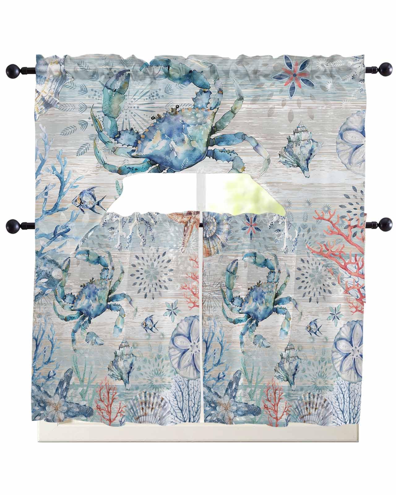 Ocean Blue Coral Crab Kitchen Curtains Swag Valance and Tier Curtains Set 24 Inch Length, Rod Pocket Drape Panels Pair Swag Curtains for Bathroom/Cafe