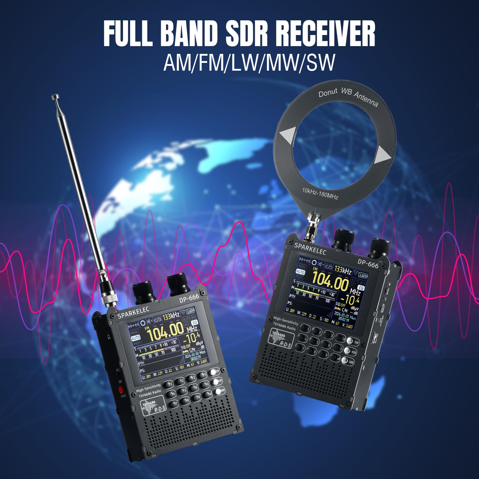 Raddy DP-666 Radio DSP Banda Completa Chip TEF6686, Receptor Profesional Am/FM/LW/MW/SW RDS, Pantalla Táctil 2,8" con Stylus, Batería 5000mAh, Antena Telescópica y Donut, Portátil Actualizable