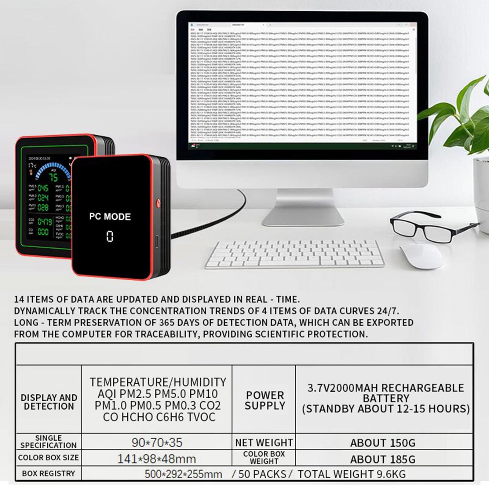 Sxhlseller Montage de qualité d'air Portable, Testeur de Compteur de qualité d'air alimenté à Batterie Facile de Lecture C Charge C Charge Précise Multifonction Multifonction pour la Maison