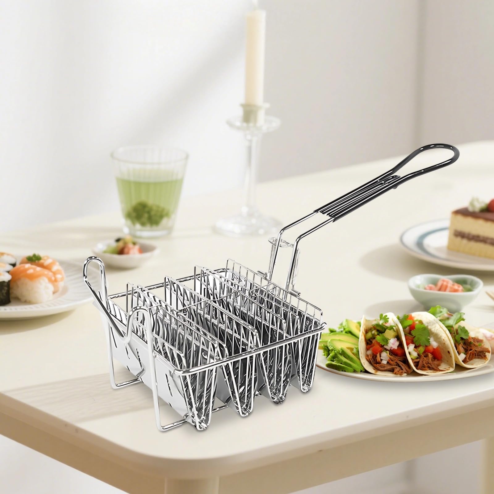 Cestello per friggitrice per taco in acciaio inox, 4 scomparti, design staccabile, manico resistente al calore, per friggitrici a olio e pentole normali, per cucine domestiche e professionali, produce