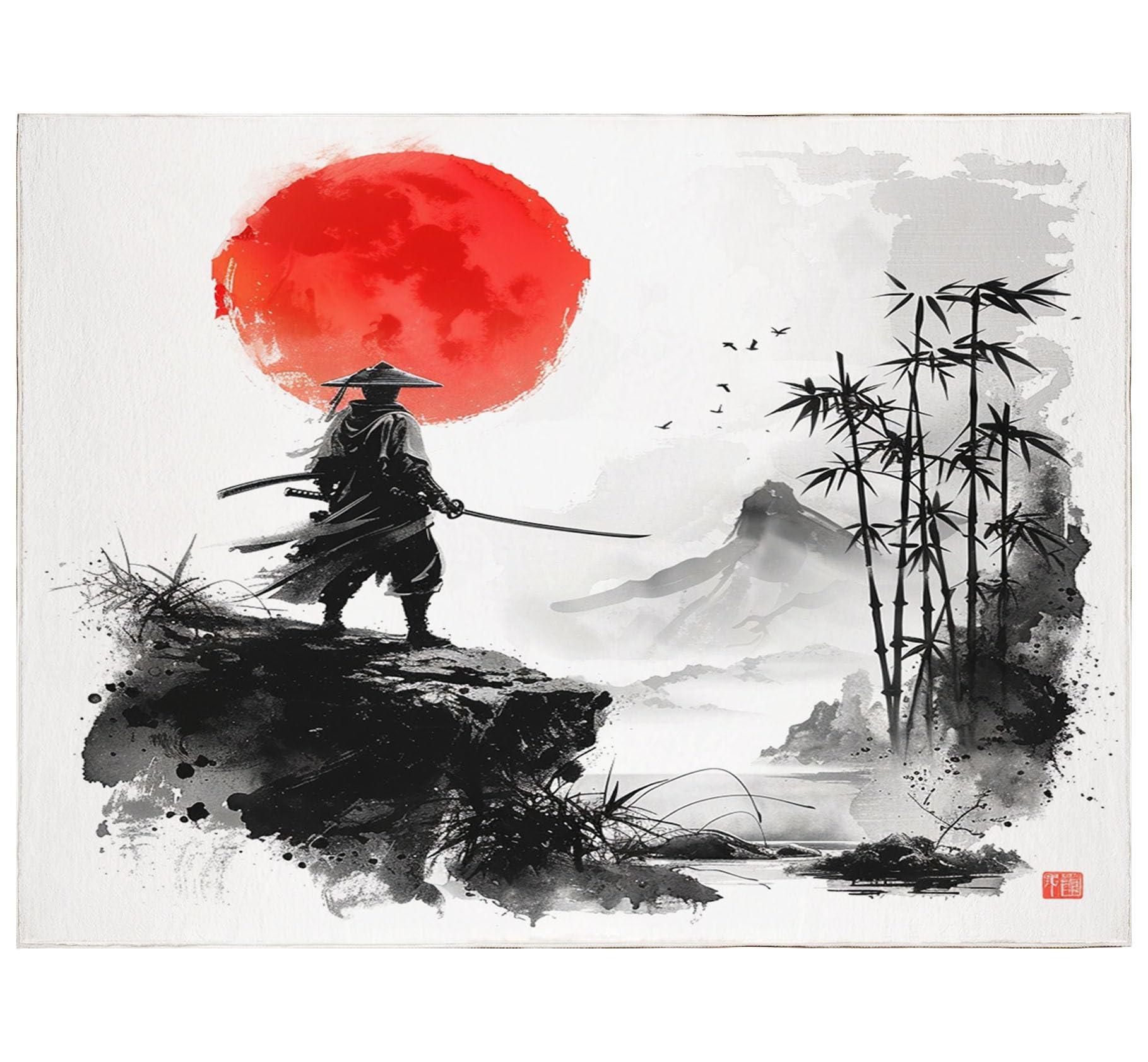 Alfombra antideslizante para sala de estar, 80 x 150 cm, estilo japonés, pintura a tinta, alfombra samurái de sol rojo, alfombra rectangular lavable a máquina, alfombras suaves de pelo bajo para