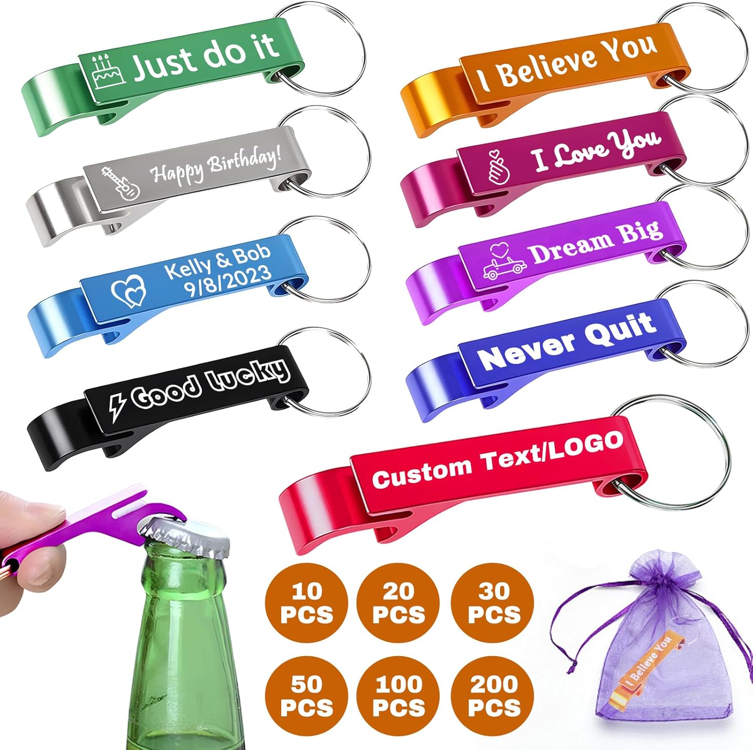 Custom Bottle Opener Keychain, Personalized Bottle Opener Bulk, Customized Bottle Opener Keychain with Logo/Text, Party Favors, Wedding Gifts for Guests, Anniversary (100)