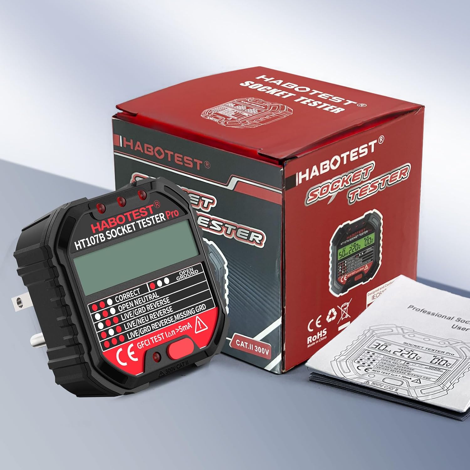 Outlet Tester Electrical GFCI Receptacle Detector, 90-250V Ground Fault Receptacle Tester & Circuit Analyzer, Circuit Polarity Voltage Detector, Plug Tester Breaker Finder (HT107B)