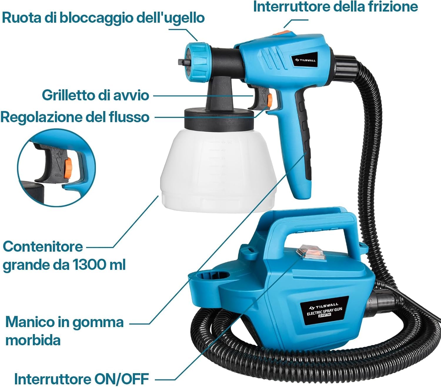 Tilswall Pistola a Spruzzo per Verniciare,800W HVLP Spruzzatori di Vernice,1200ml/min,Contenitore 1300ml,3 Modalità e 3 Ugelli,Elettrica Pistola a Spruzzo,Facile da Usare e da Pulire