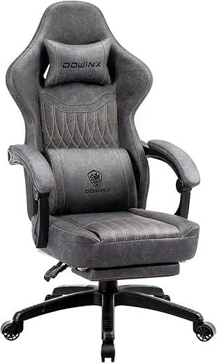 Dowinx Gaming Chair Breathable PU Leather Gamer Chair with Pocket Spring Cushion, Ergonomic Computer Chair with Massage Lumbar Support,Adjustable Swivel Task Chair with Footrest(Gray) B0CDBR4CLF