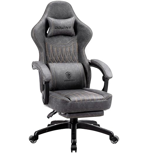 Dowinx Gaming Chair Breathable PU Leather Gamer Chair with Pocket Spring Cushion, Ergonomic Computer Chair with Massage Lumbar Support,Adjustable Swivel Task Chair with Footrest(Gray)