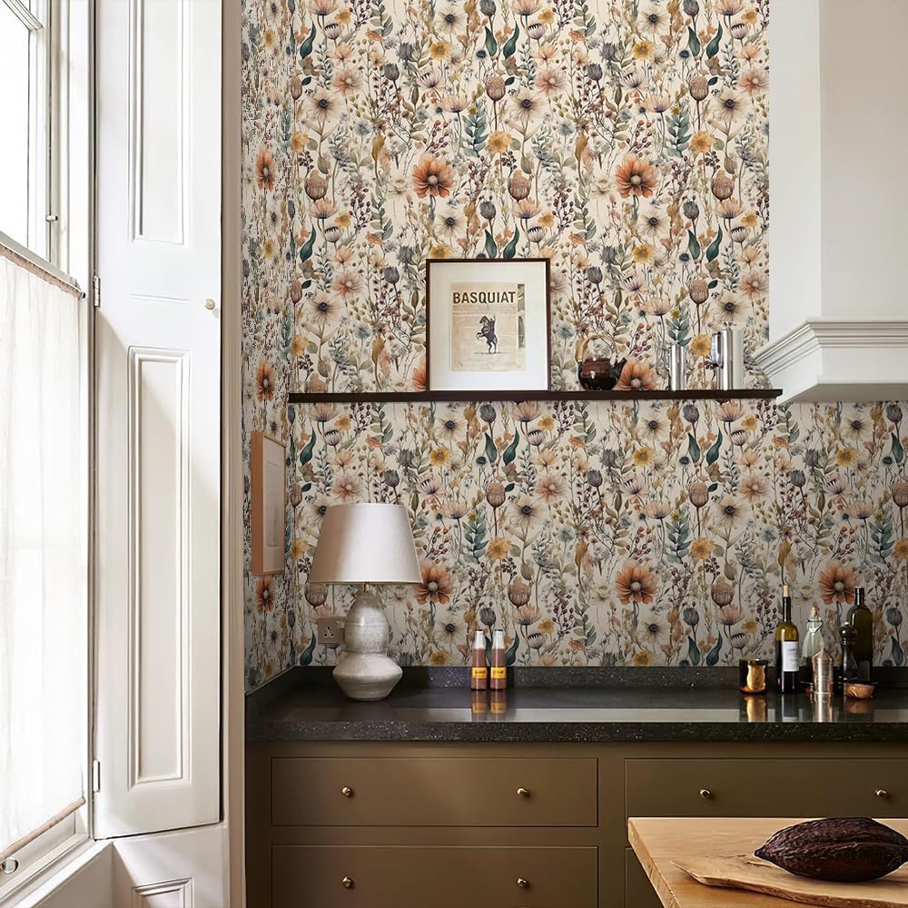 REDAMANCY Boho Coloful Yellow Wildflower Vintage Leaf Peel and Stick Wallpaper Stick on Contact Paper Vintage wall Paper Easy Peel Off for nightstand Drawer Cabinet Renter