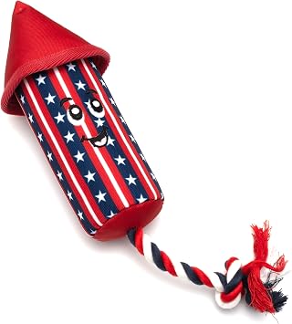 The Worthy Dog Holiday Pattern Tough Plush Squeaky Dog Toy, Firecracker | Durable Mesh-Fused Lining, Chomp-Resistant Nylon, Interactive Tug & Toss Play, July 4th, Patriotic, Firework, RWB, One Size