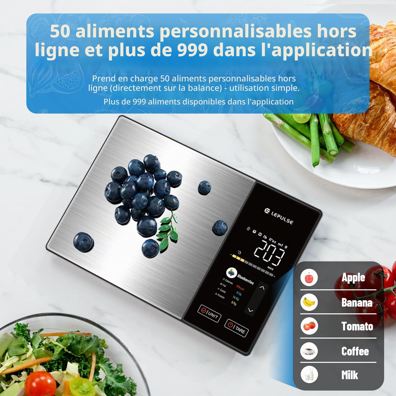 Balance de cuisine numérique avec calcul des valeurs nutritionnelles, balance alimentaire avec 24 analyses nutritionnelles, balance alimentaire en acier inoxydable de 5 kg, écran couleur TFT, 50 hors