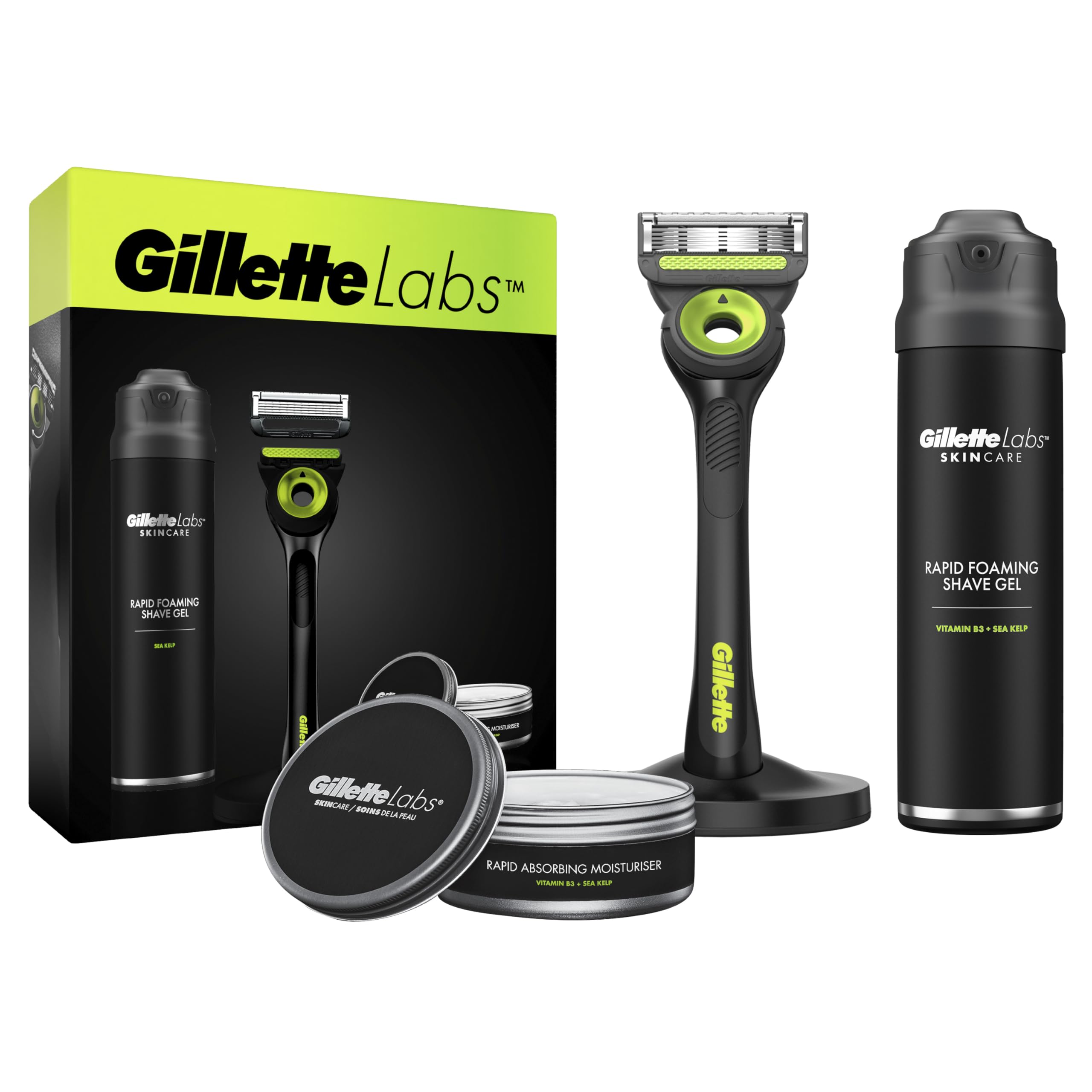 GilletteLabs Pack Regalo Con Maquinilla De Afeitar Negro Y Neón + Gel De Afeitar 198 ml + Crema Hidratante 100 ml