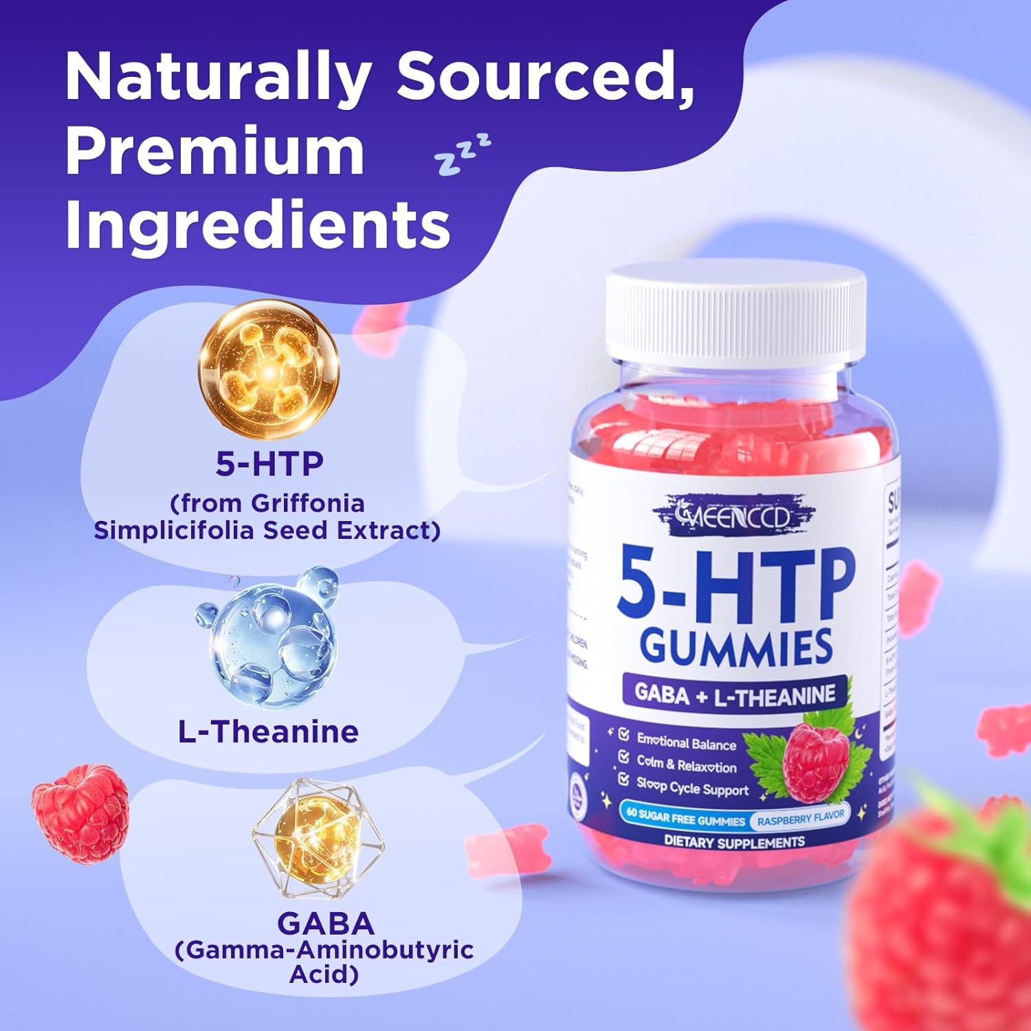 MEENCCD 5-HTP Gummies 300mg, 5-HTP Supplement with 200mg L-Theanine & 50mg GABA, GABA Supplements for Adults, Sugar Free, Raspberry Flavor, 60 Count