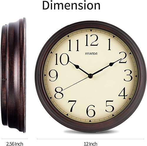 Miniatura 10 de HYLANDA Reloj de pared de 12 pulgadas, funciona con pilas, reloj de bronce para cocina, silencioso, sin tictac, color marrón, para sala de estar,