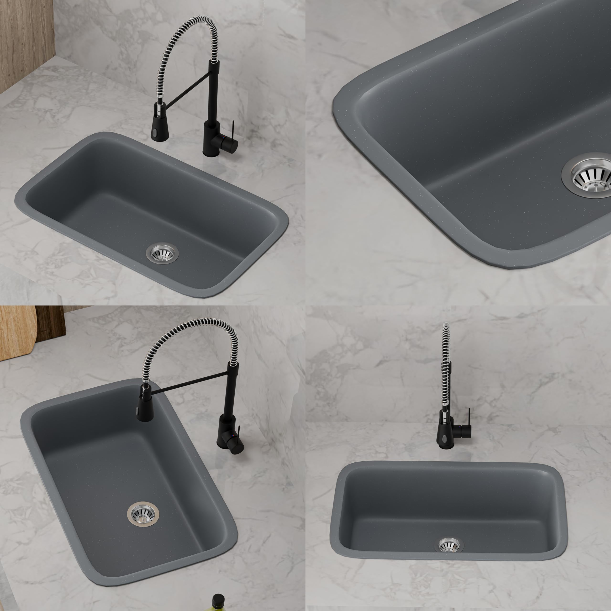 HISRE Quartz Single Bowl Kitchen Sink with Round Corners | 31x19x10 Inches | Noise Reducing Durable Easy to Clean Scratch Resistant Kitchen Sink for Modern Homes | Gray, photo 4 of 5