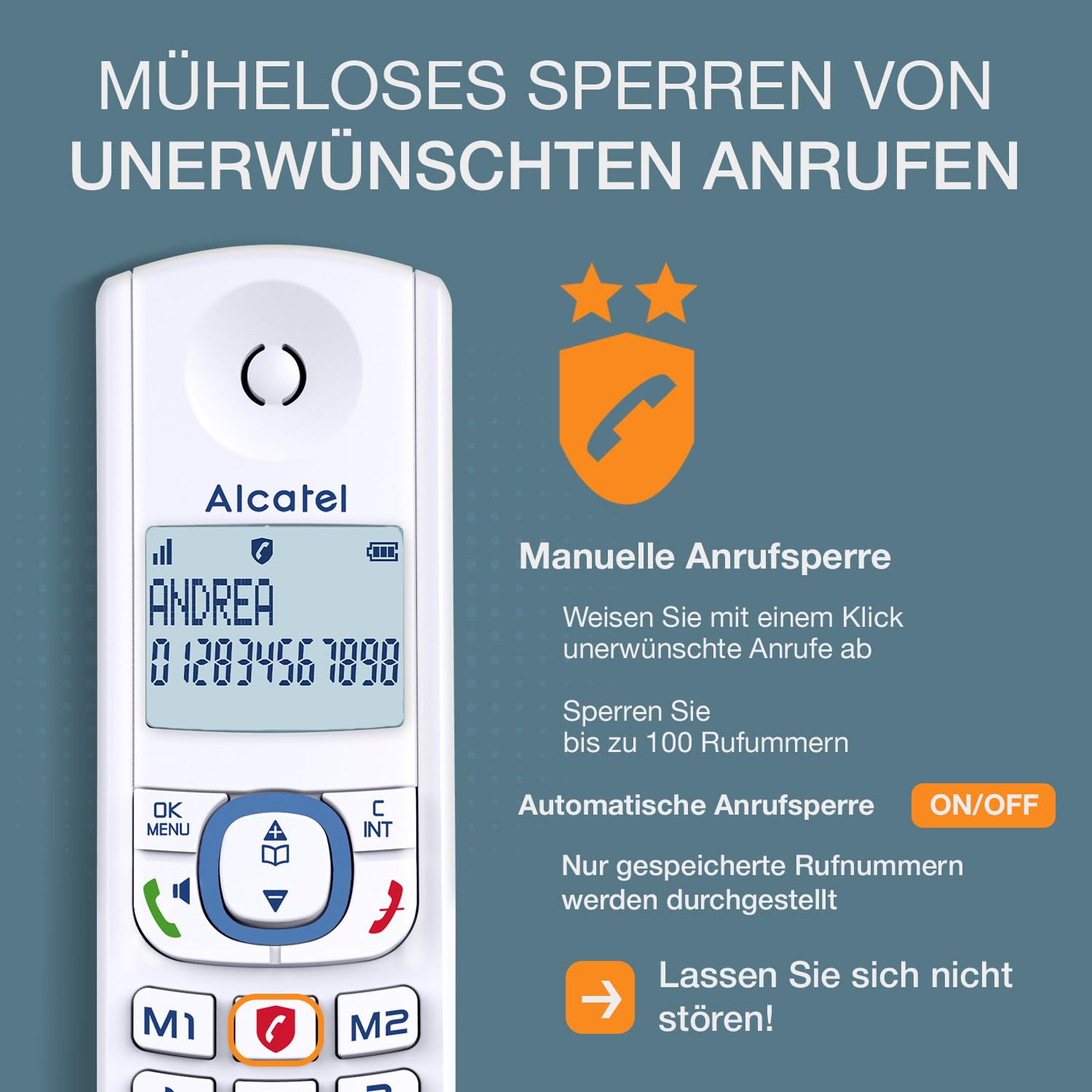 ALCATEL F530 Voice - Schnurloses Festnetztelefon DECT mit Anrufbeantworter - Großes beleuchtetes Display - Freisprechfunktion - Anrufblockierungsfunktion - 2 Direktwahltasten - Weiß/Blau