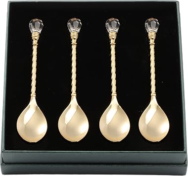 Matashi 24K Gold Plated Crystal Topped Dessert Spoon Set of 4 - Valentines Day Gift for Her - Elegant Tableware for Romantic Dinner Party - Perfect Gift for Women, Girlfriend, Wife, Housewarming