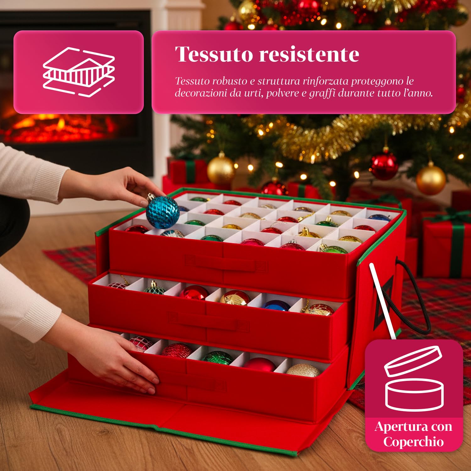 Avilia – Scatola Porta Addobbi di Natale con 3 Cassetti Estraibili per 72 Palline di Natale, Struttura Rigida in TNT 51x35x24 cm, Zip Robusta e Etichetta Trasparente per Conservazione Ordinata