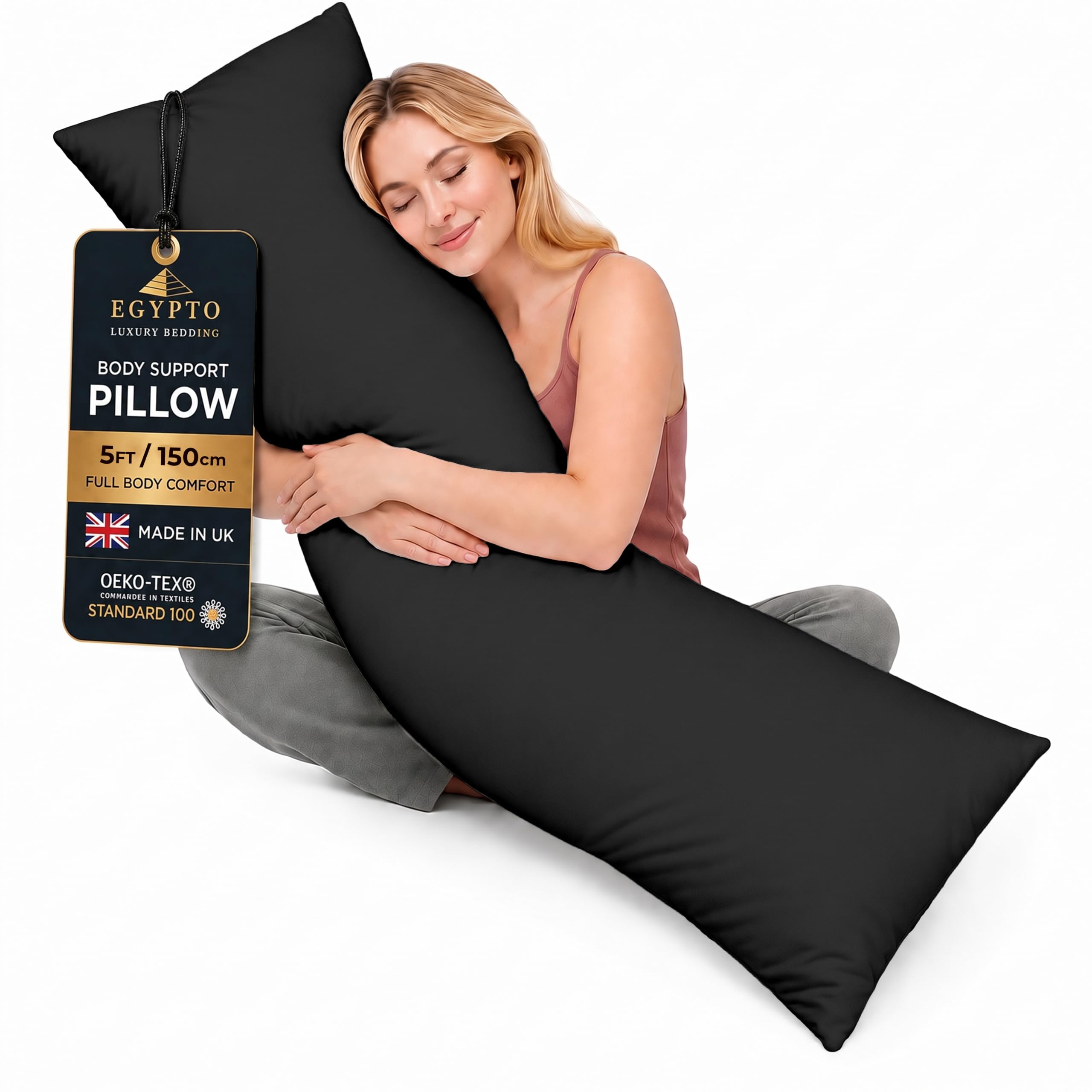 Living Orthopaedic 5ft Bolster Pillow (19”x60”) – Hypoallergenic Long Pillow – Soft & Breathable Full Body Pillow for Back, Neck & Leg Support – Ideal Pregnancy Support with Long Pillow case (Black)