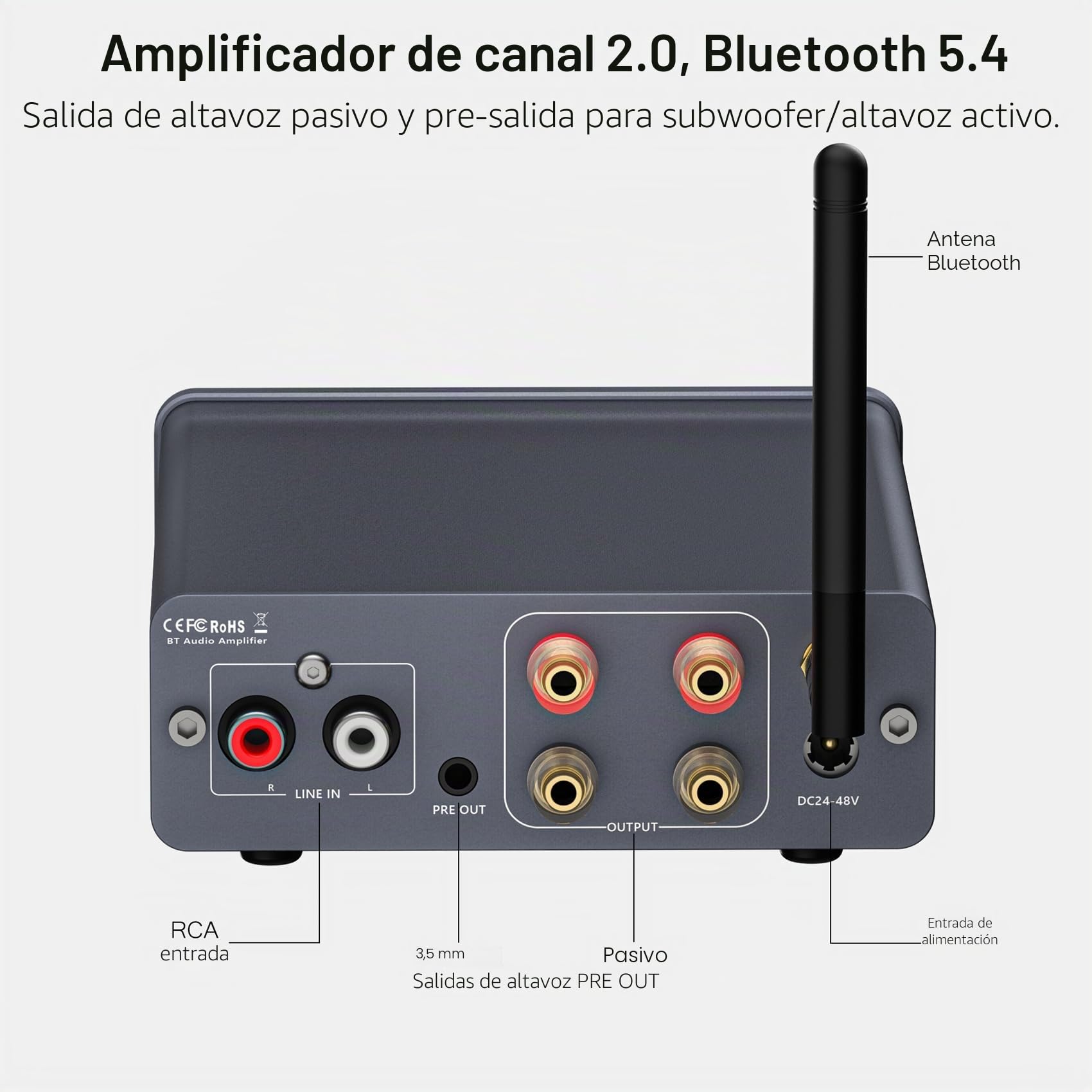 Amplificador Audio, Mini Amplificador HiFi 600W Estéreo Bluetooth 5.4 Clase D Estéreo 2 Canales, Chip TPA3255 Ajuste de Graves y Agudos