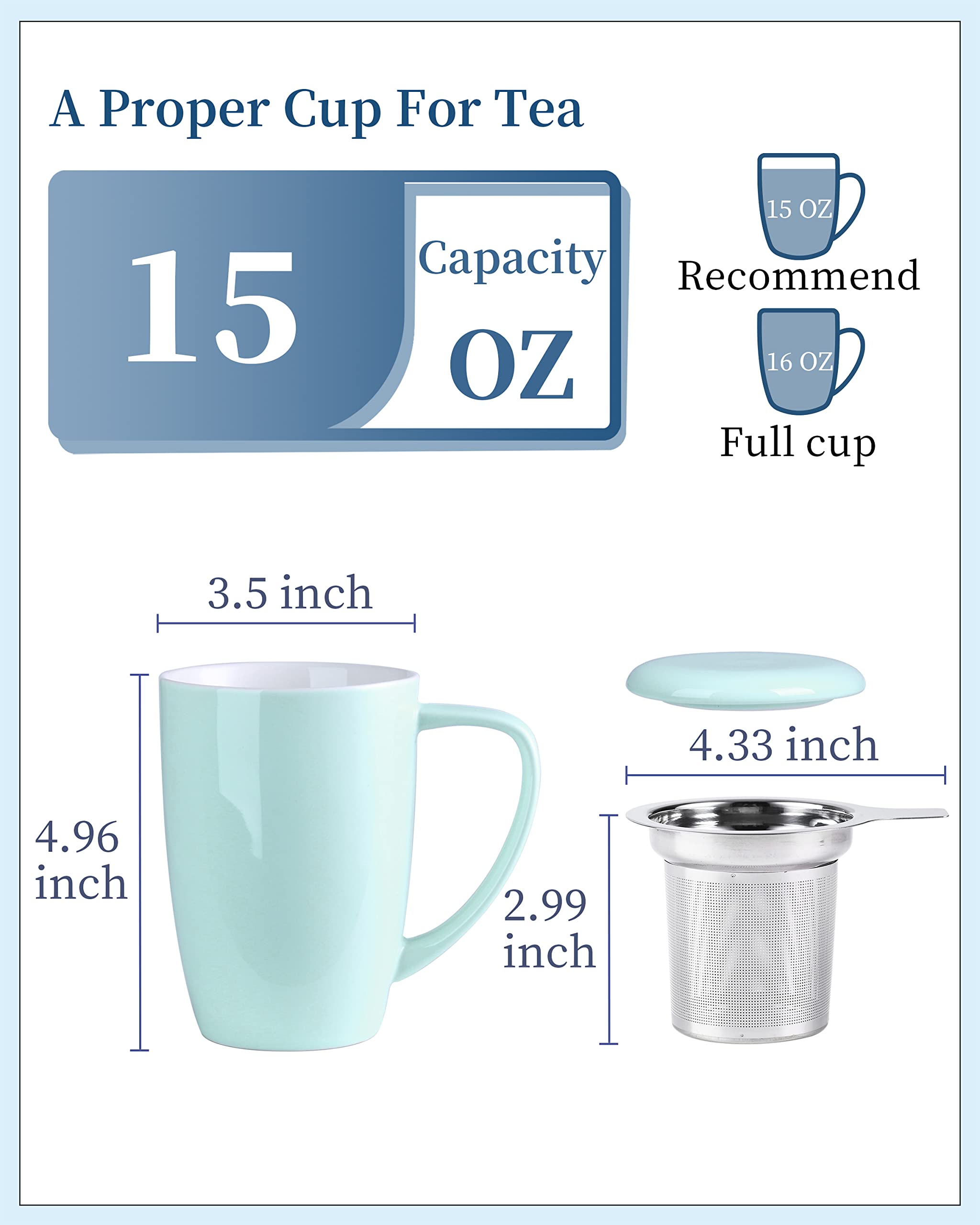 LOVECASA 15 OZ Tea Mug with Infuser and Lid, Tea Infuser Mug with Handle Ceramic Mug with Filter for Tea, Milk, Coffee, Loose Leaf Tea Infusers, Mint Green