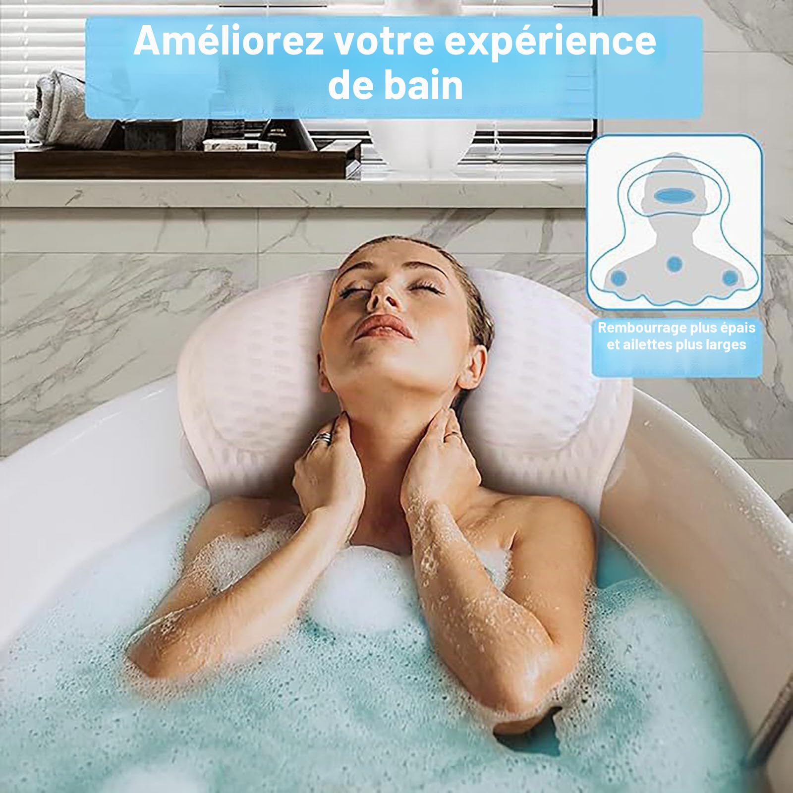 Coussin Baignoire,Coussin de Baignoire Coussin Baignoire Adulte Oreiller de Bain 4D avec 6 ventouses puissantes soutient la tête Le Cou Le Dos pour Tous Types de Baignoire