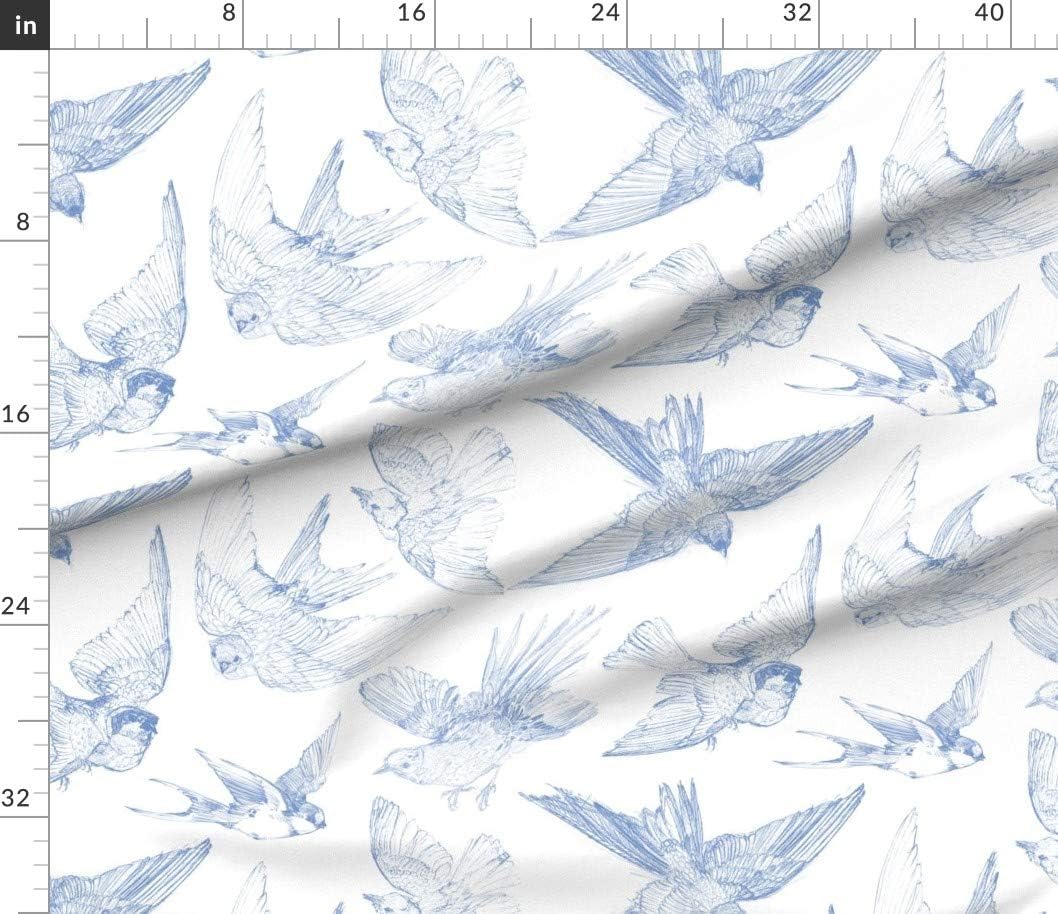Spoonflower Fabric - Flight Blueberry Birds Feathers Flying Blue White Shabby Chic Spring Printed on Petal Signature Cotton Fabric by The Yard - Sewing Quilting Apparel Crafts Decor